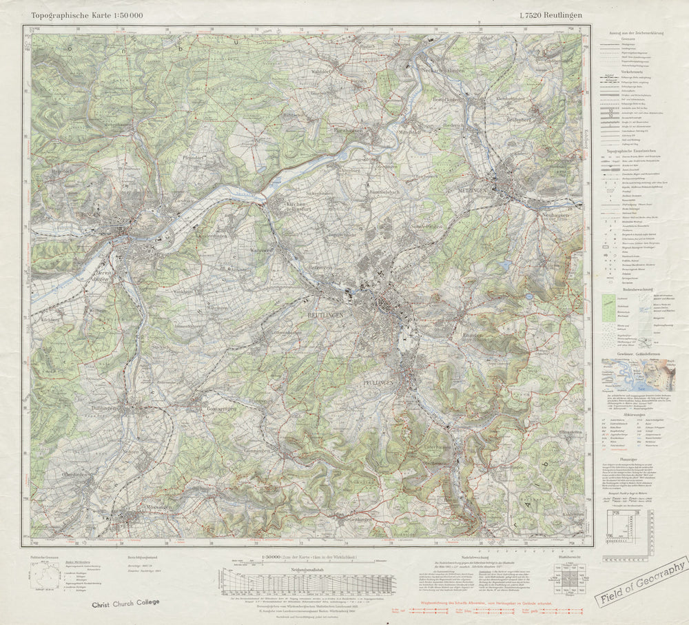 L7520 Reutlingen Tübingen Metzingen Pfullingen Dußlingen Mösslingen 1972 map