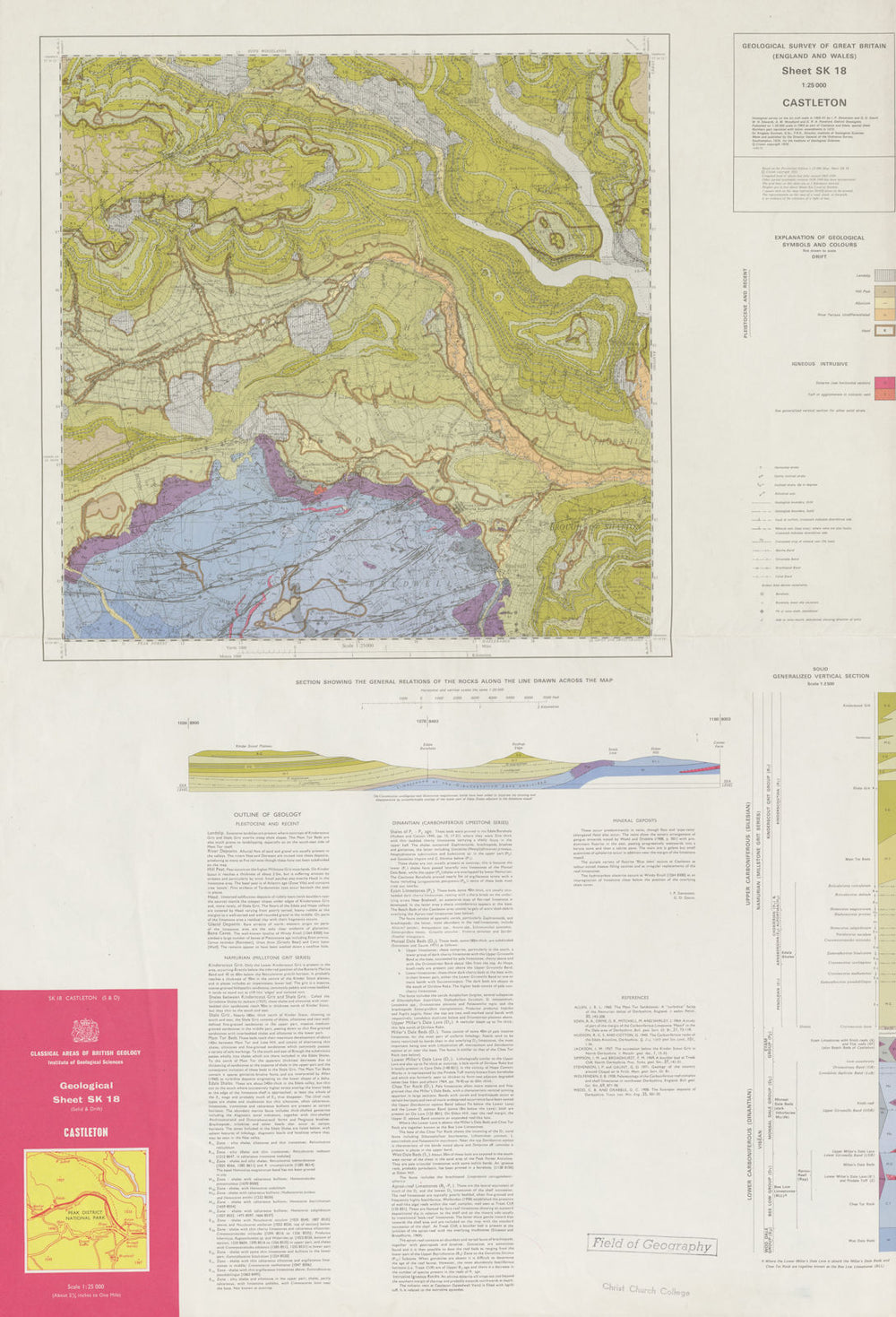 Castleton geological survey sheet SK18 Derbyshire Peak District 1975 old map