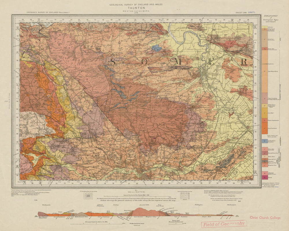 Taunton geological survey map sheet 295. Somerset Quantock Hills Bridgwater 1956
