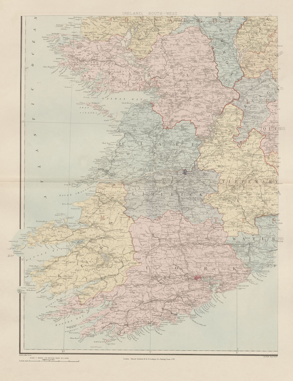 Ireland south-west Munster Kerry Limerick Cork Clare Limerick. STANFORD 1896 map