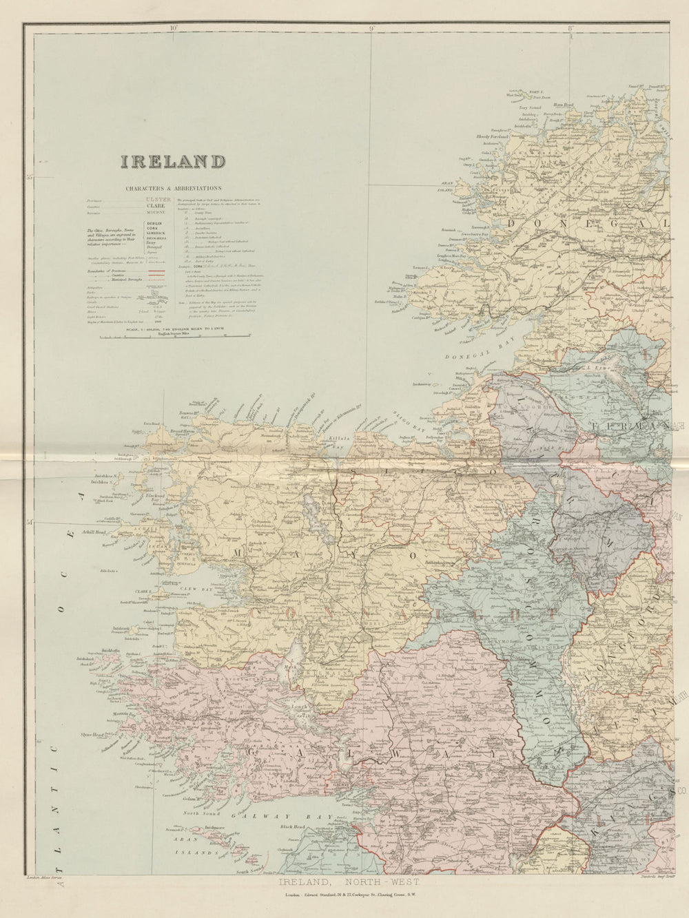 Ireland north-west. Connacht Mayo Galway Roscommon Leitrim. STANFORD 1896 map
