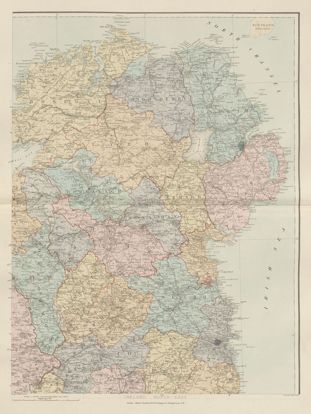 Ireland north-east Ulster Down Antrim Armagh Londonderry &c. STANFORD 1896 map