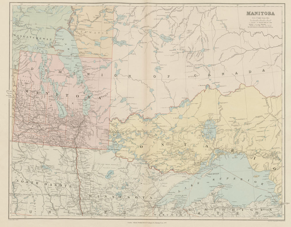 Manitoba "postage stamp province" District of Keewatin Canada. STANFORD 1896 map