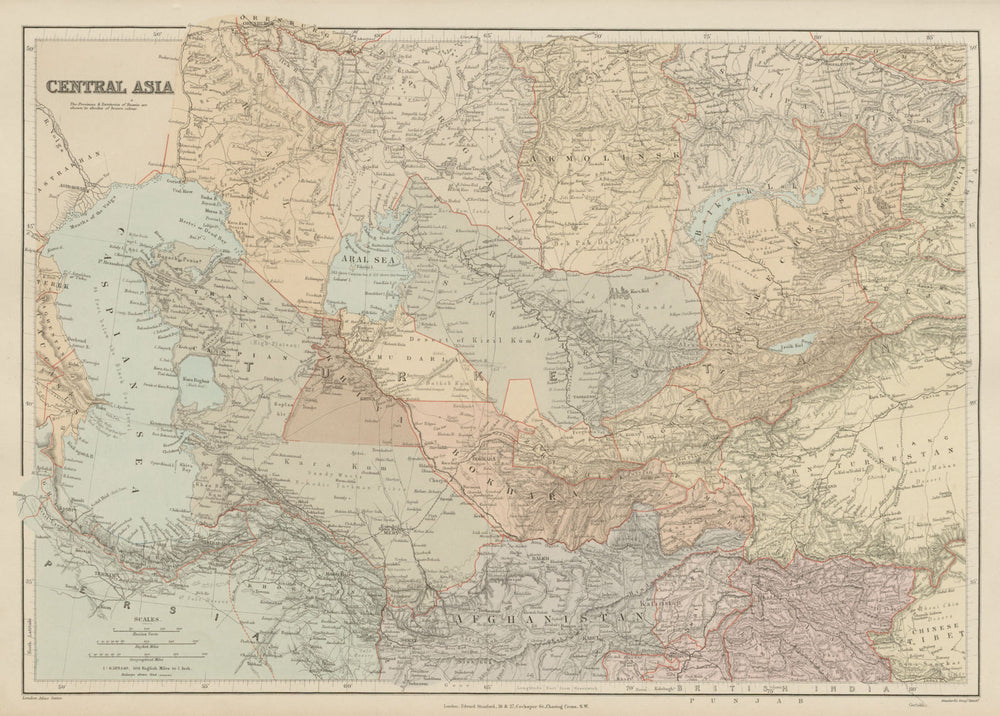 Central Asia. Trans-Caspian Aral Sea Khiva Bokhara Sirdaria STANFORD 1896 map