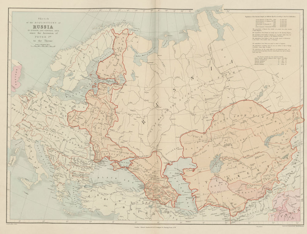 Russian acquisitions in Europe & Central Asia since 1689. STANFORD 1896 map