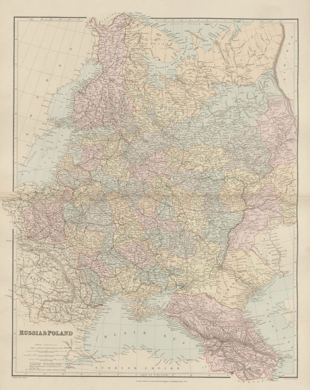 Russia & Poland. Caucasus. Republics krais oblasts railways. STANFORD 1896 map