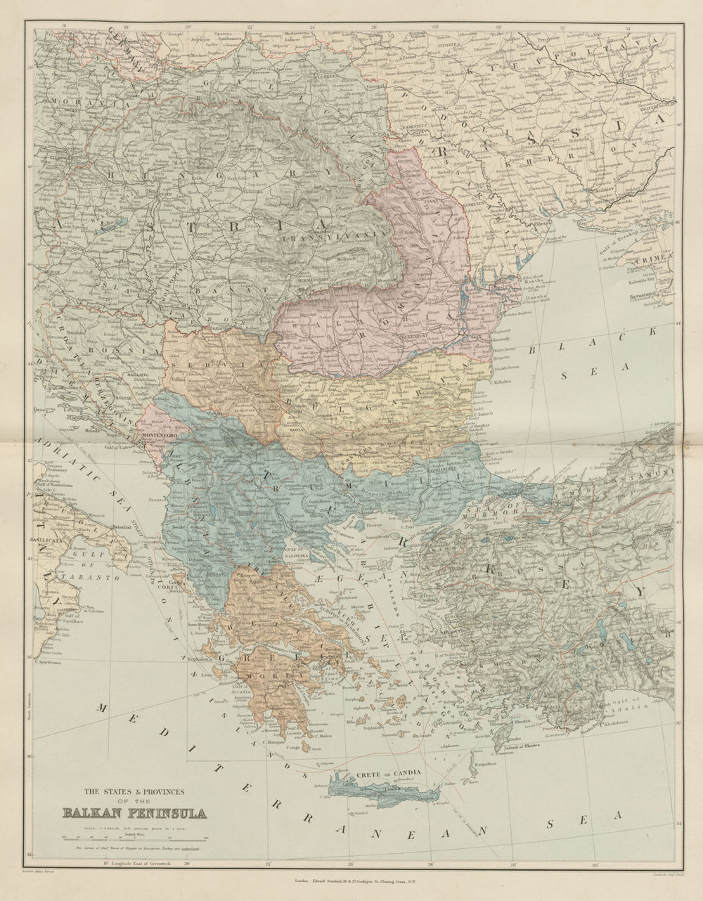 BALKAN PENINSULA Greece Austria Rumili Servia Turkey Romania STANFORD 1896 map