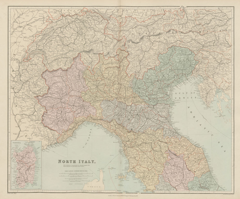 North Italy. w/o Trieste Tyrol. Lombardy Piedmont Veneto &c. STANFORD 1896 map
