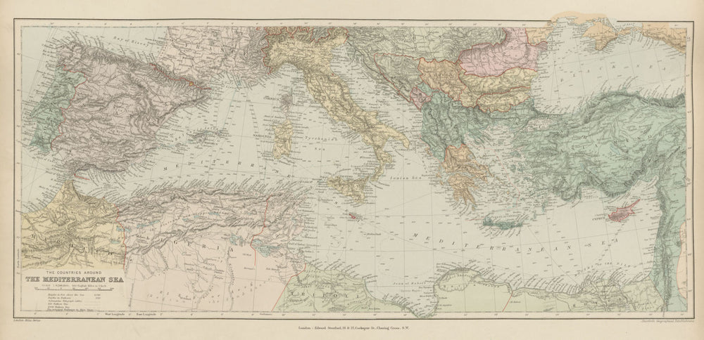 Countries round the Mediterranean. Soundings Telegraph cables. STANFORD 1896 map