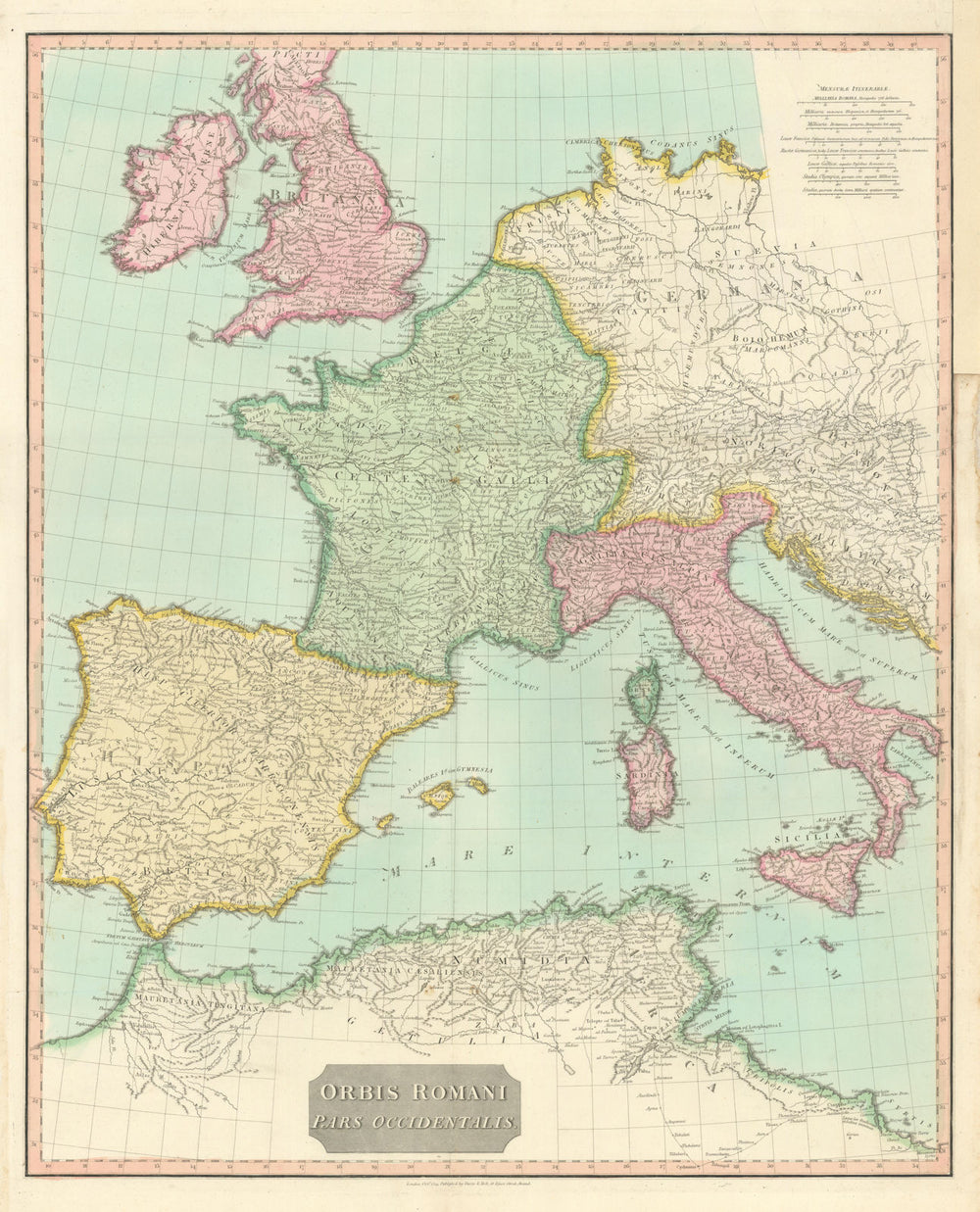 "Orbis Romani pars Occidentalis". Roman Empire western part. D'ANVILLE 1815 map