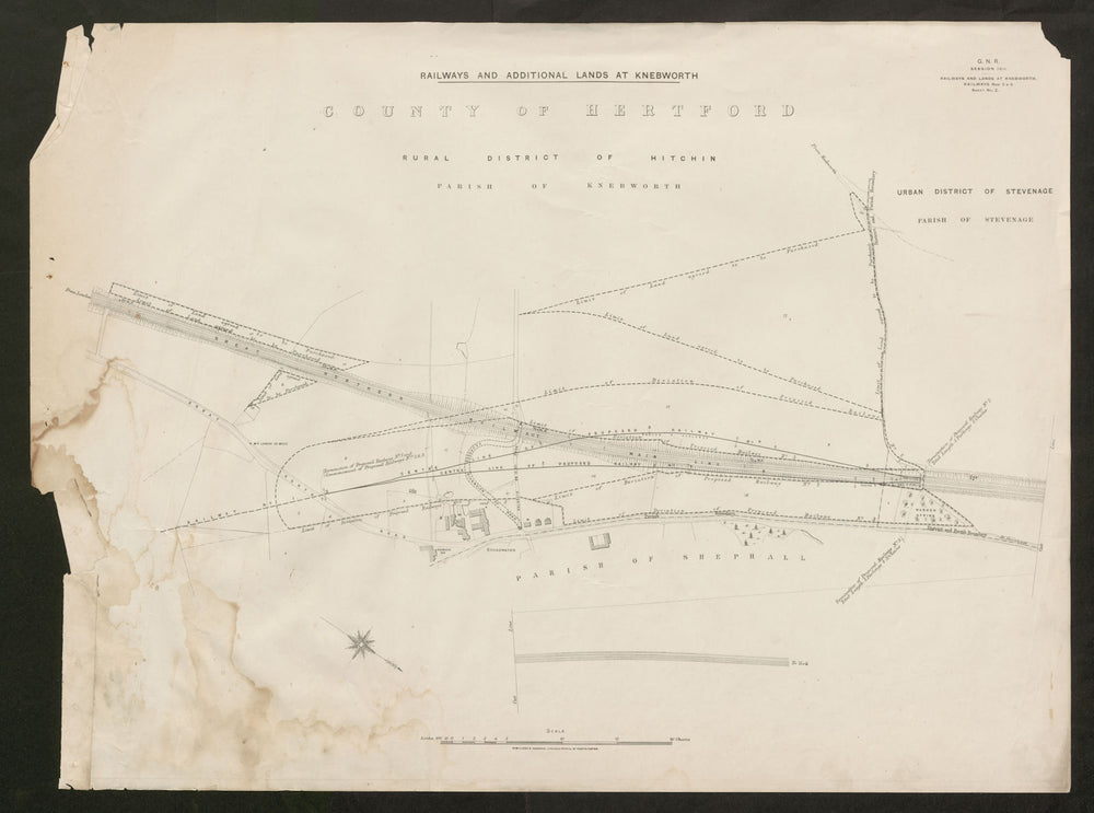GNR railway plan. Knebworth Hitchin Stevenage Shephalbury Hertfordshire 1911 map