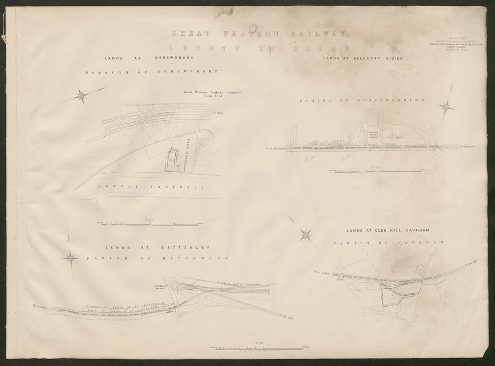 GWR railway plan. Shrewsbury Bitterley Clee Hill Allscott Siding Shrops 1904 map