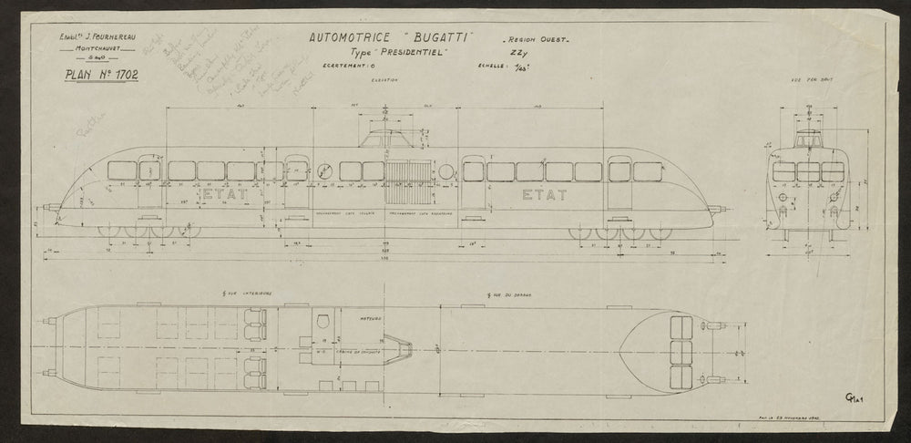 Automotrice Bugatti "Presidentiel". French Autorail locomotive drawing 1942