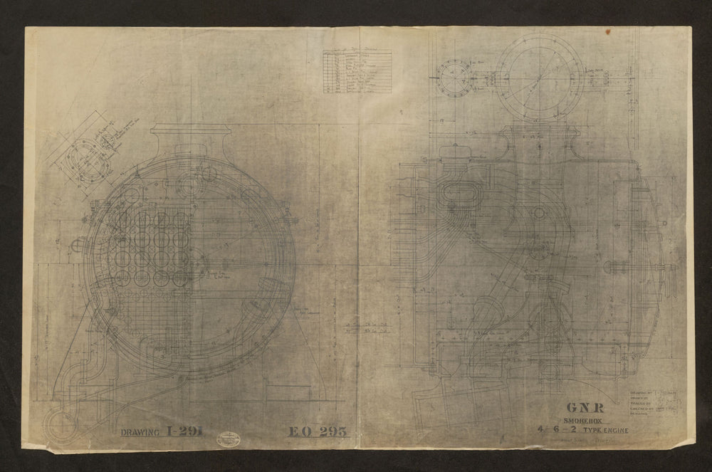 GNR Smokebox 2-6-2 type engine. Drawing I-291. Engineering drawing c1922 print