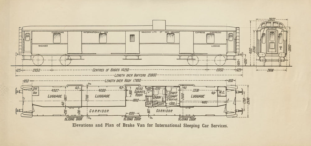 Elevation/plan Brake Van. Compagnie Internationale des Wagons-Lits c1930 print