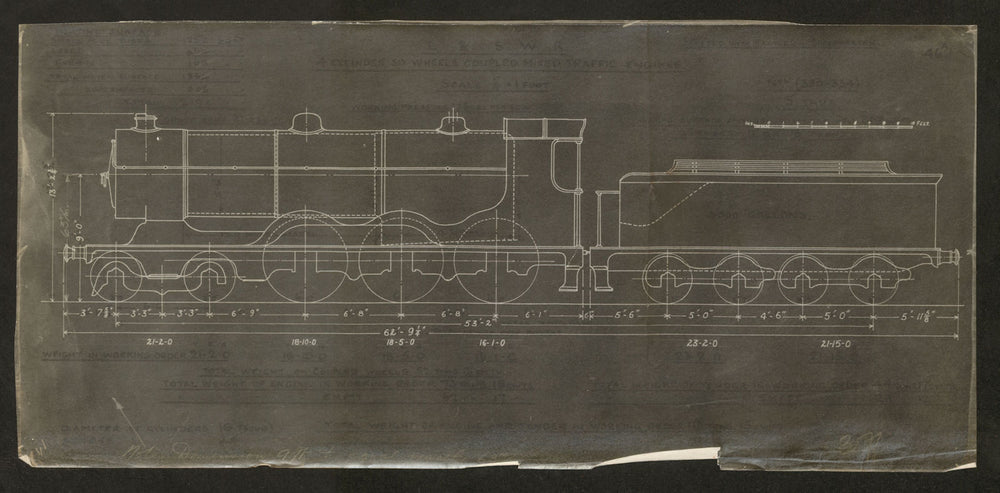 4-6-0 locomotive drawing L&SWR 4 cylinder Nos 330-334 Engineering plan c1920