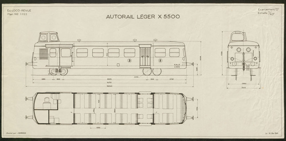 Autorail Léger X5500. Plan No 1705. France railways trains SNCF 1950 old print