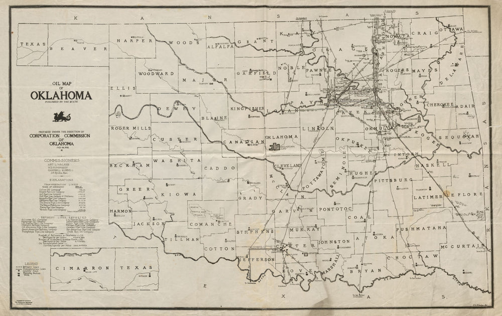 OKLAHOMA OIL MAP. Refinery & transportation pipelines & companies 1918 old