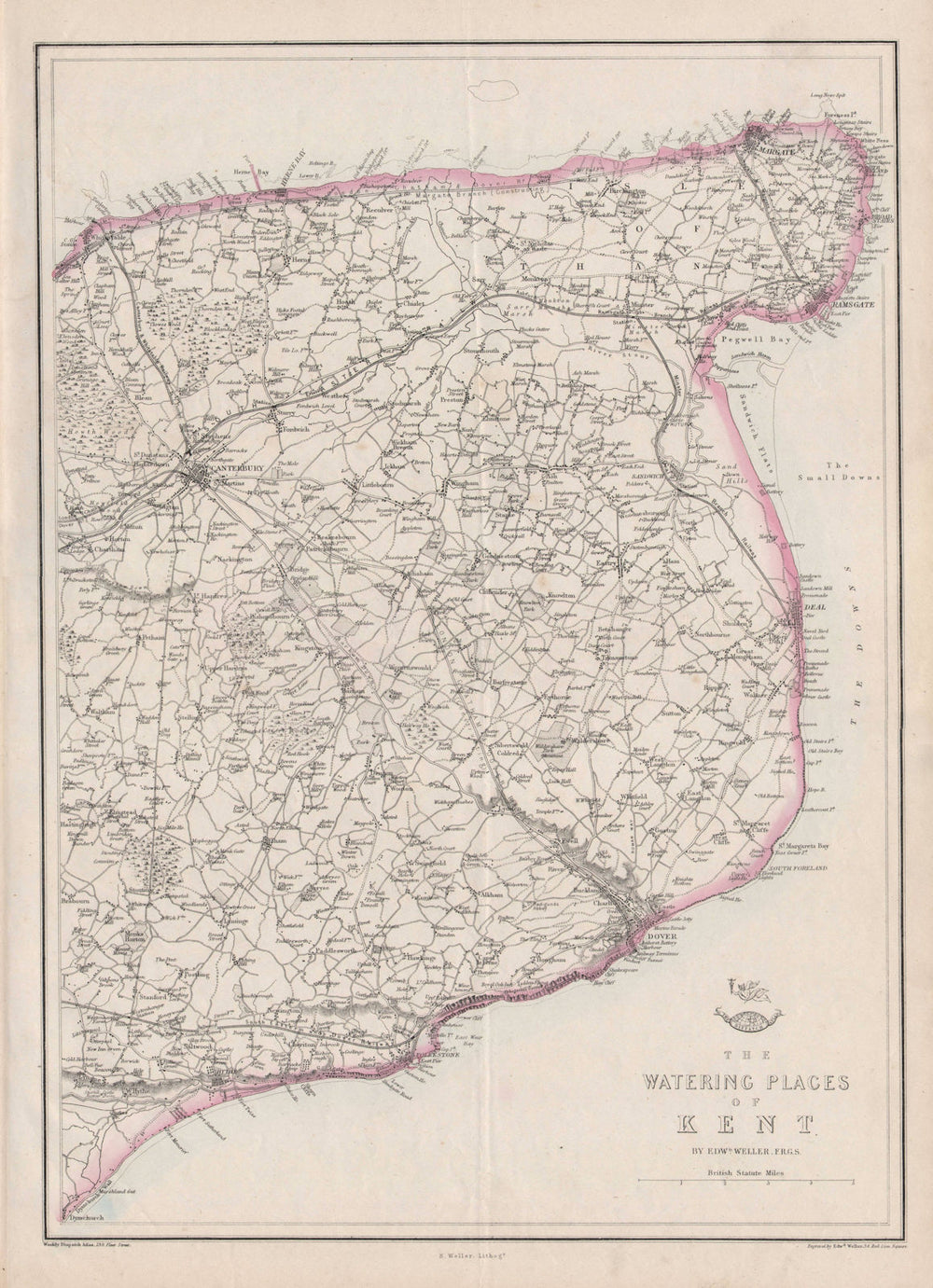 "The Watering Places of Kent" East Kent seaside resorts & ports. WELLER 1862 map