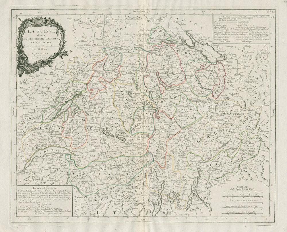 "La Suisse divisée en ses treize cantons…" Switzerland. SANTINI / BONNE 1784 map