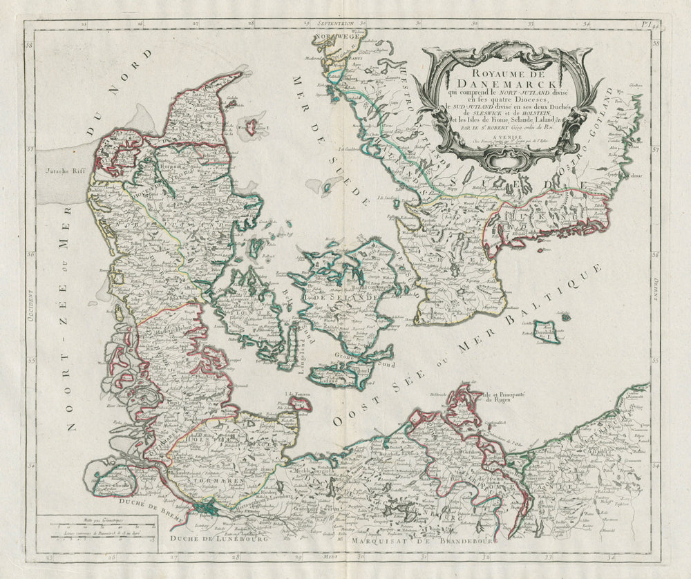 "Royaume de Danemarck…" Denmark Sweden. SANTINI / VAUGONDY 1784 old map