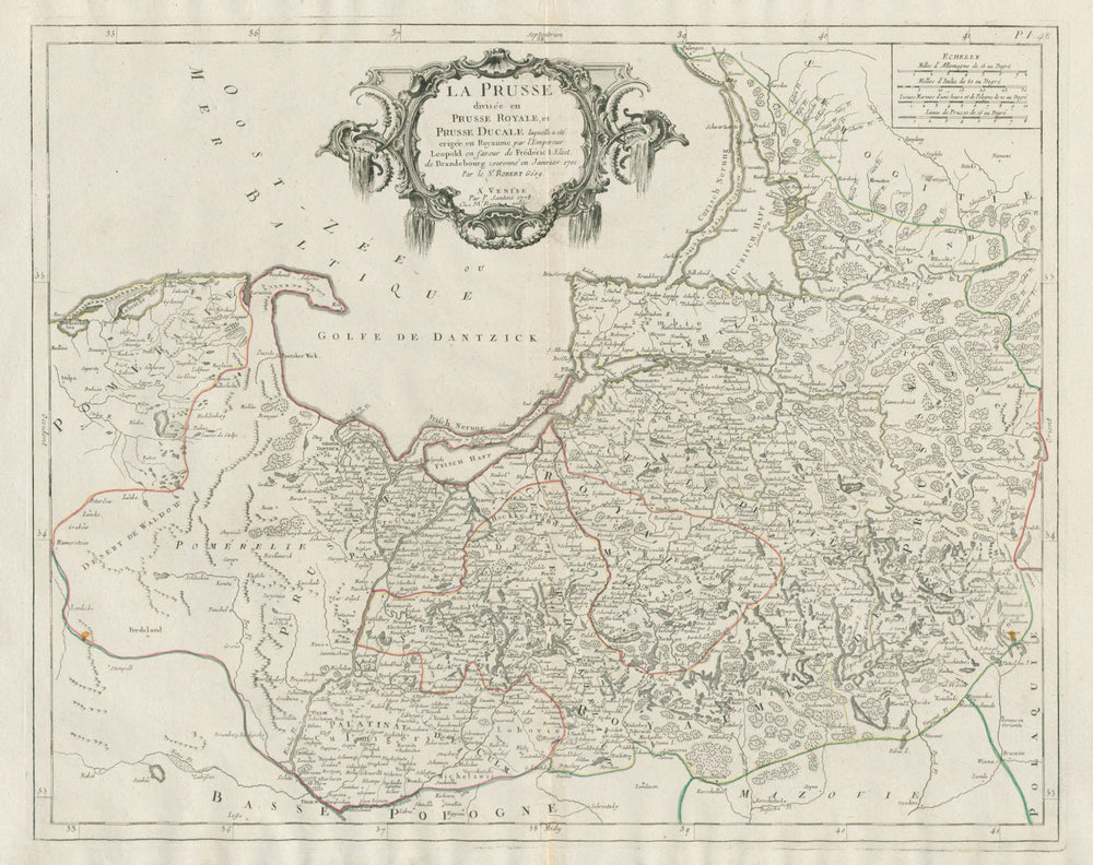 "La Prusse divisée en Prusse Royale, et Prusse Ducale" SANTINI/VAUGONDY 1784 map