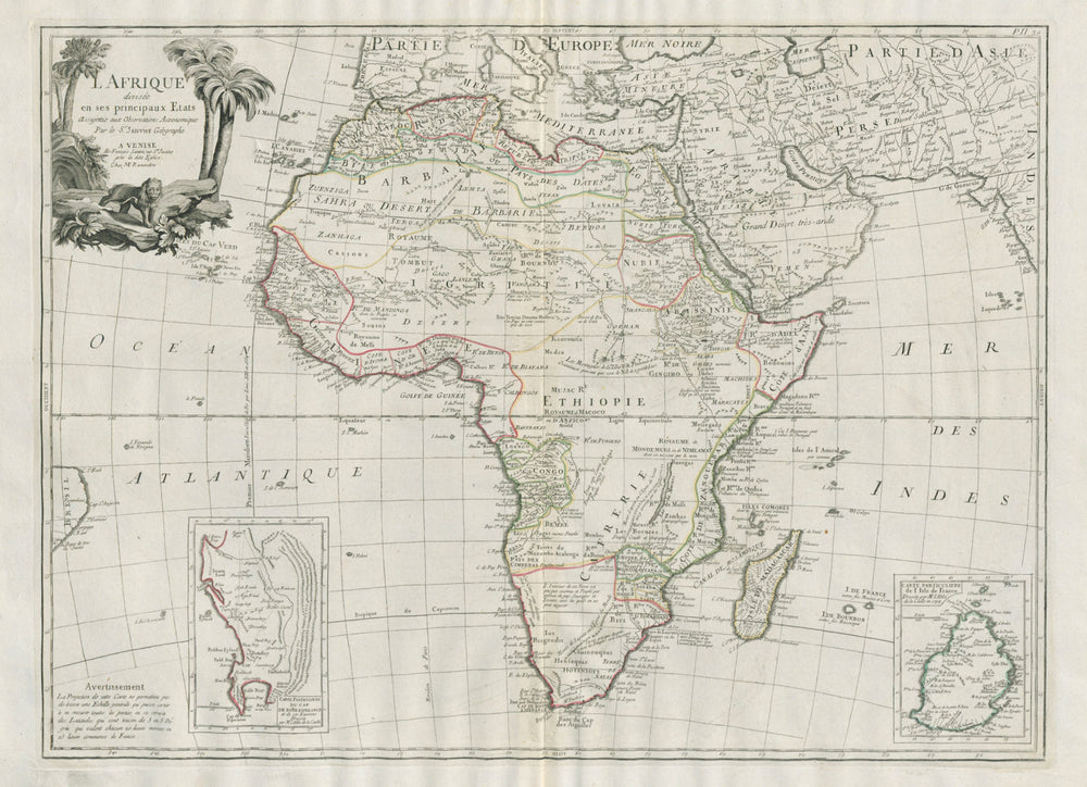 "L'Afrique divisée en ses principaux Etats". Africa. SANTINI / JANVIER 1784 map