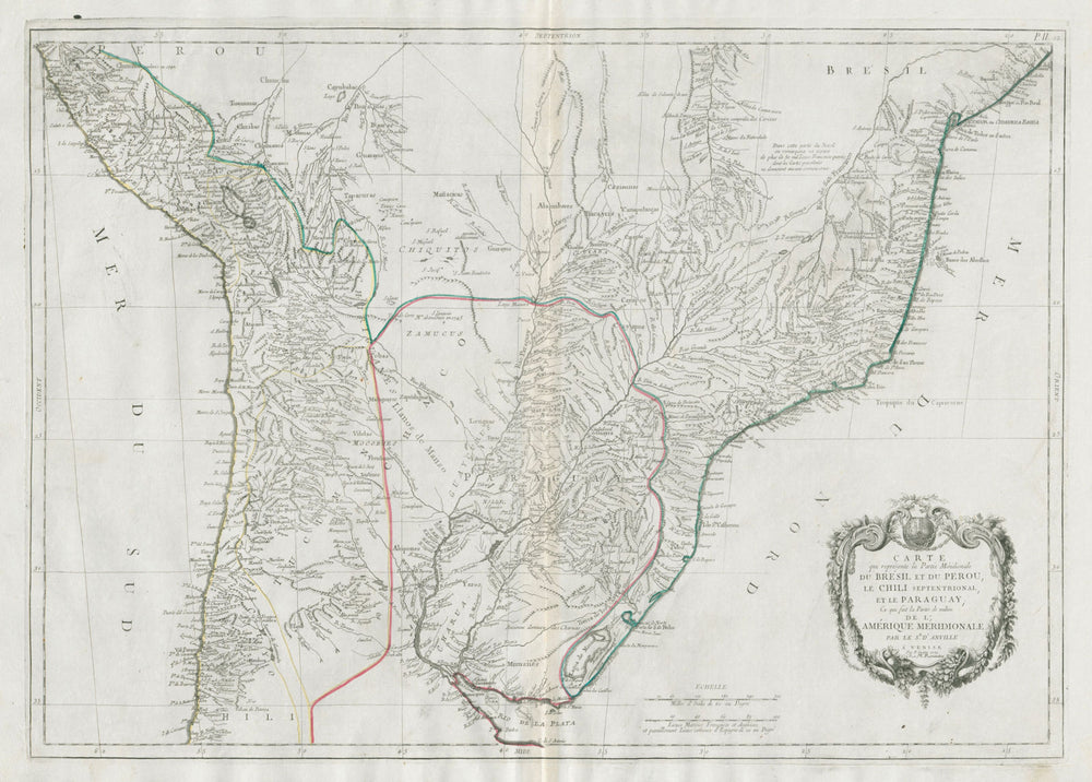 "La partie méridionale du Brésil et du Perou".  SANTINI/D'ANVILLE 1784 old map