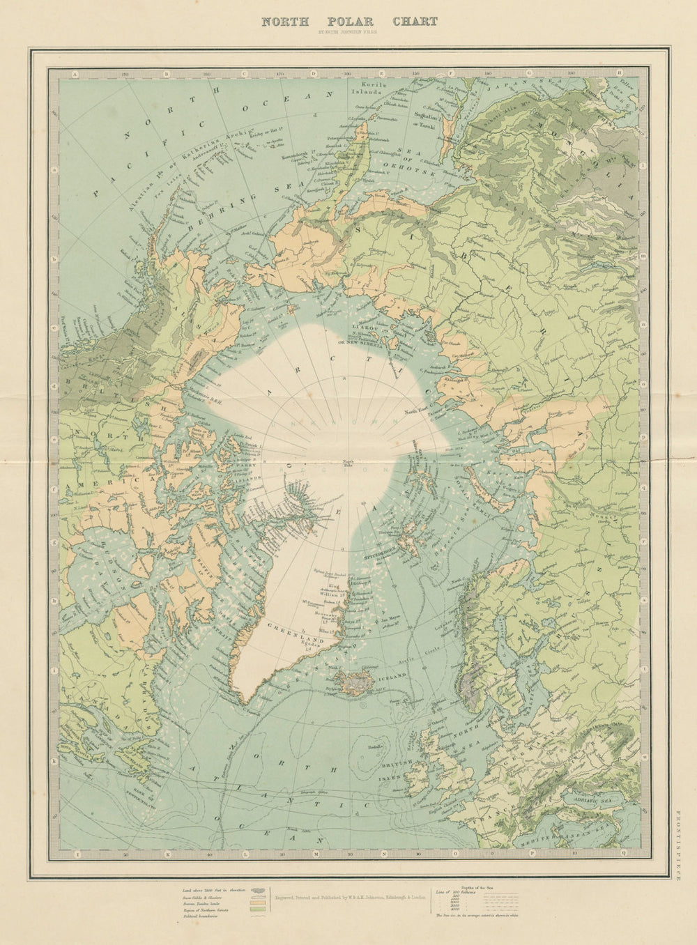 North Pole Polar Chart Arctic Highest latitude Nares. 50x60cm. JOHNSTON 1879 map