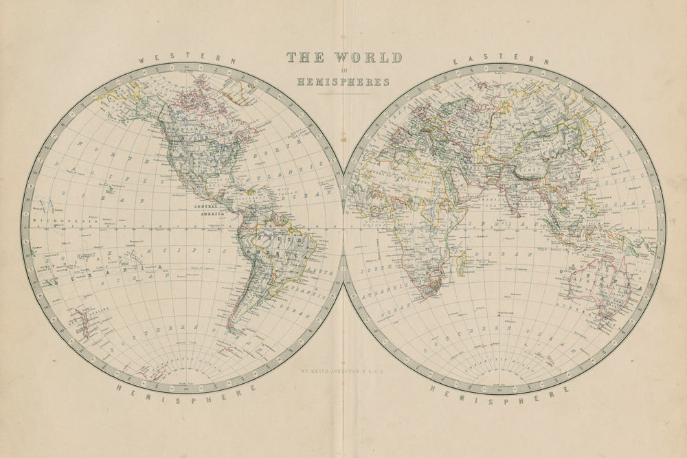 The World in Twin Hemispheres 50x60cm. JOHNSTON 1879 old antique map chart