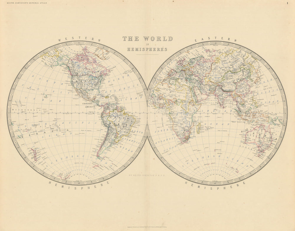 The World in Twin Hemispheres 50x60cm. JOHNSTON 1879 old antique map chart