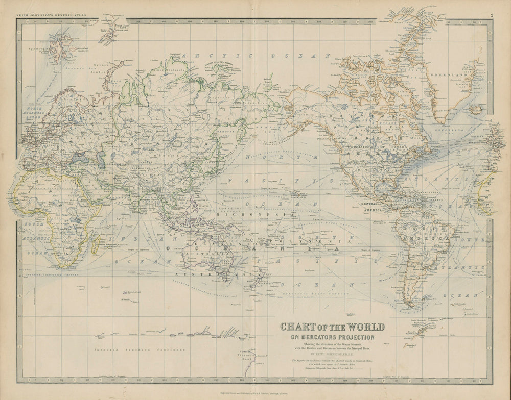 The World on Mercator's Projection. Steamer routes 50x60cm. JOHNSTON 1879 map