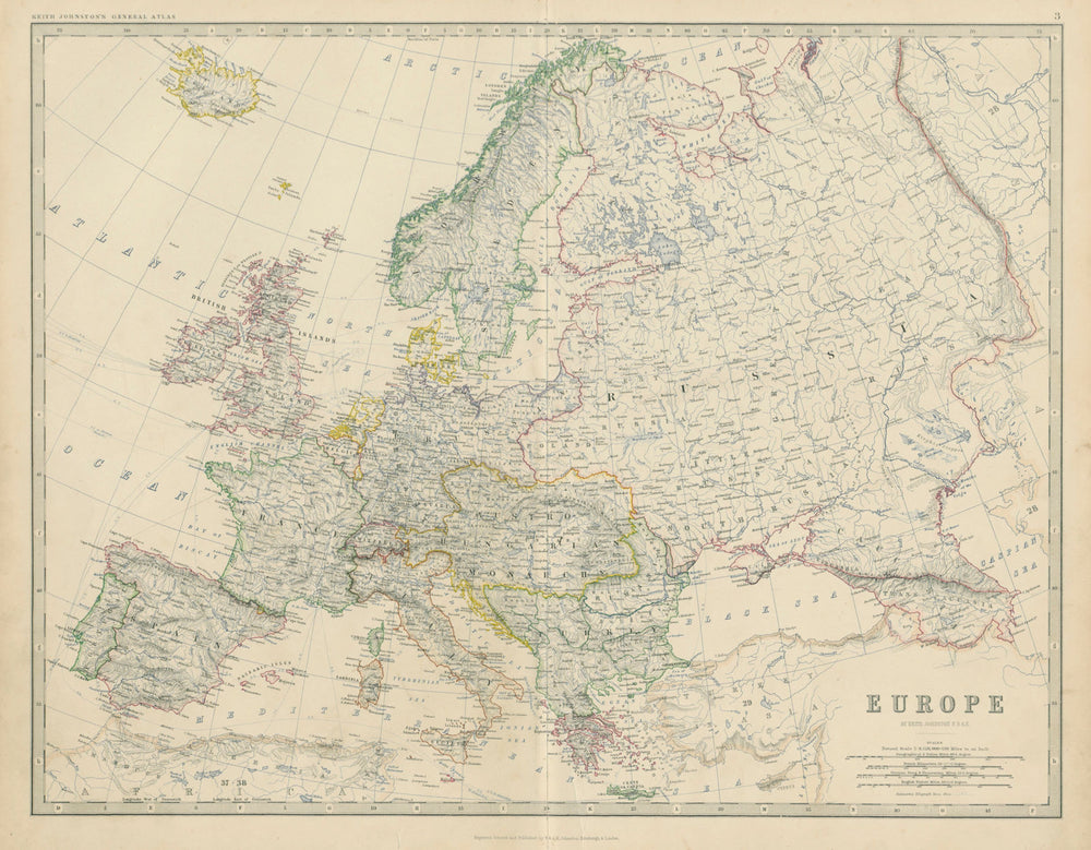Europe. Austro-Hungarian Monarchy. Prussia. Rumania. 50x60cm. JOHNSTON 1879 map
