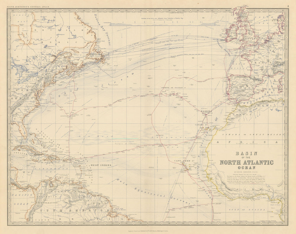 North Atlantic Ocean. Challenger expedition Telegraphs 50x60cm JOHNSTON 1879 map
