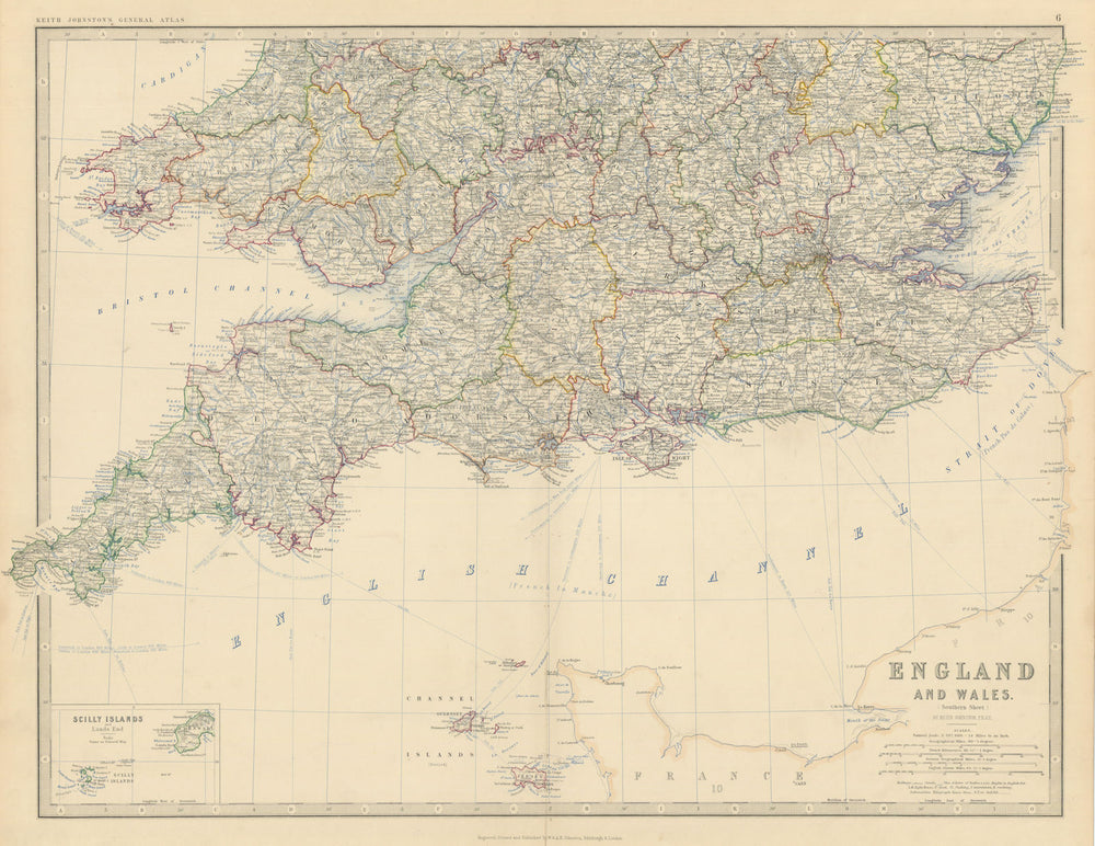 England & Wales (South) Scilly Islands English Channel 50x60cm JOHNSTON 1879 map