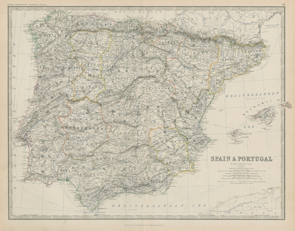 Spain & Portugal. Iberia & Balearics. Large 50x60cm. JOHNSTON 1879 old map