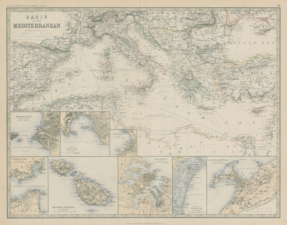 Mediterranean Sea. Marseilles Genoa Trieste Valetta. 50x60cm. JOHNSTON 1879 map