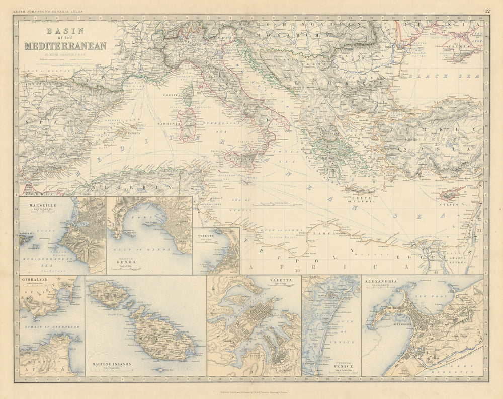 Mediterranean Sea. Marseilles Genoa Trieste Valetta. 50x60cm. JOHNSTON 1879 map