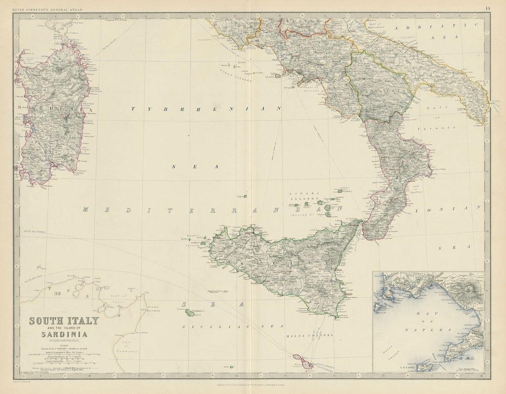 South Italy and Sardinia. Bay of Naples. Large 50x60cm. JOHNSTON 1879 old map