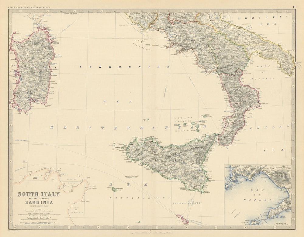 South Italy and Sardinia. Bay of Naples. Large 50x60cm. JOHNSTON 1879 old map