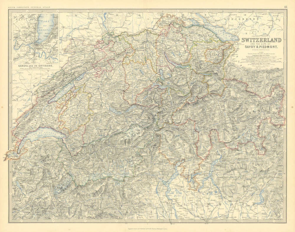 Switzerland. Savoie & Piedmont Alps. Italian Lakes. 50x60cm. JOHNSTON 1879 map