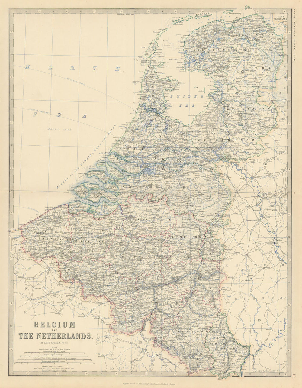 Belgium, Netherlands & Luxembourg. Benelux. Large 50x60cm. JOHNSTON 1879 map