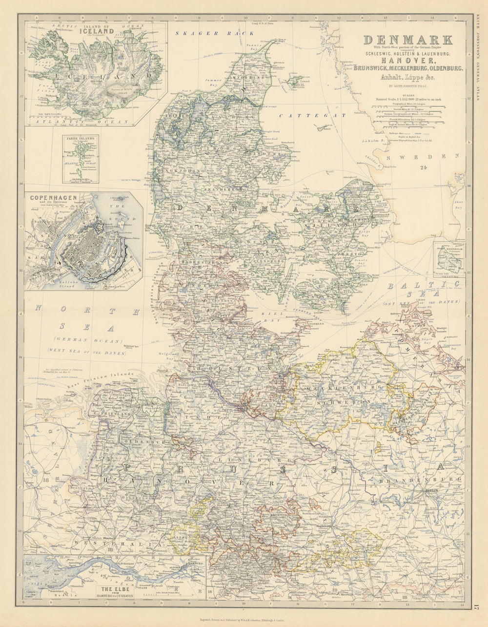 Denmark northern Germany Iceland Copenhagen The Elbe. 50x60cm. JOHNSTON 1879 map