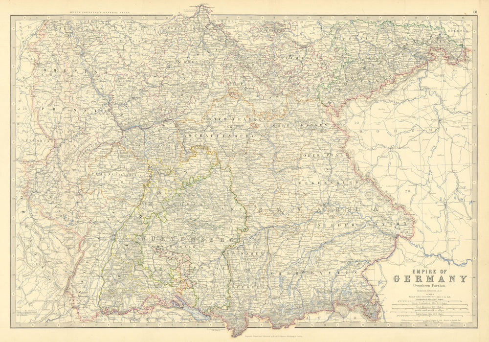 Empire of Germany (South). Bavaria &c. 50x60cm. JOHNSTON 1879 old antique map