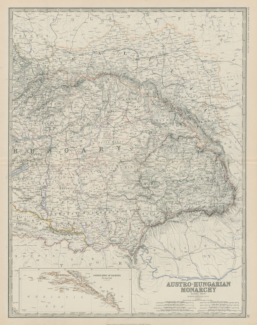 Austro-Hungarian Monarchy (East) Hungary Transylvania 50x60cm. JOHNSTON 1879 map