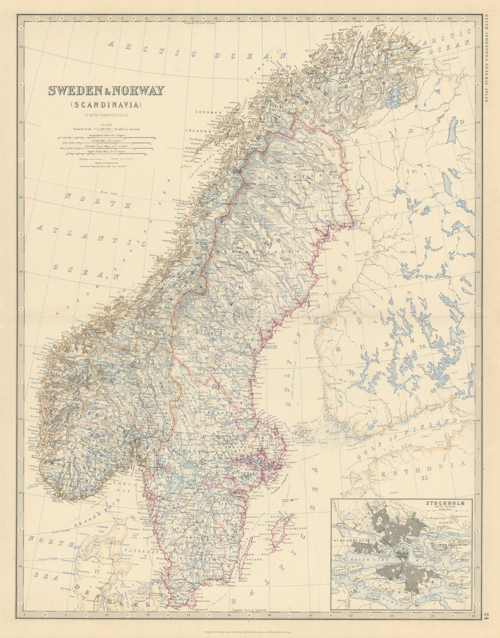 Sweden & Norway (Scandinavia). Stockholm. 50x60cm. JOHNSTON 1879 old map