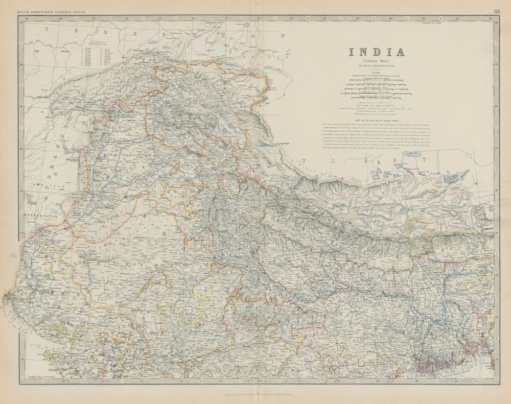 India (North) Nepal Bhutan Himalayas Kashmir Tibet 50x60cm. JOHNSTON 1879 map