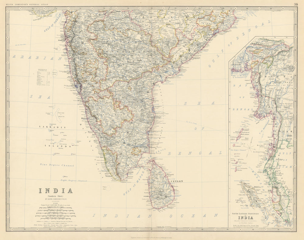 South India Ceylon Burma Straits Settlements Singapore 50x60cm JOHNSTON 1879 map