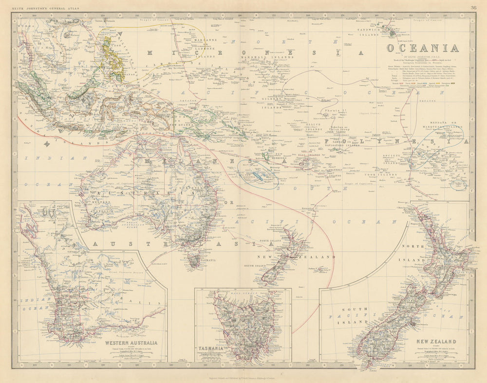 Oceania. Western Australia. Tasmania. New Zealand. 50x60cm. JOHNSTON 1879 map