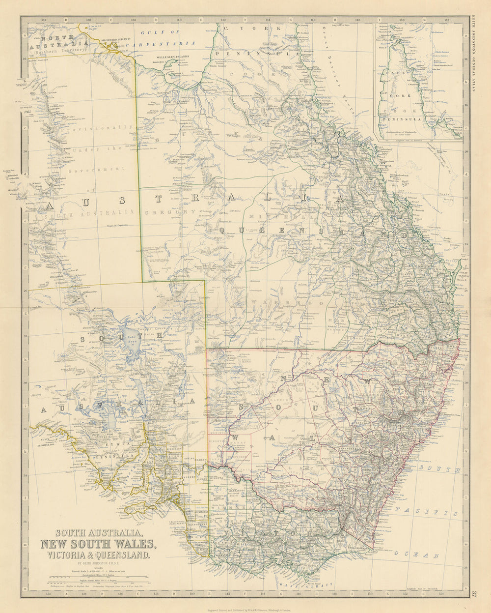 South Australia New South Wales Victoria Queensland 50x60cm. JOHNSTON 1879 map